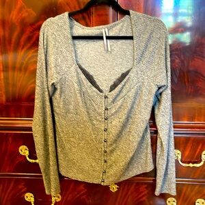 Anthropologie, large, charcoal, gray top with black lace detail at the bust